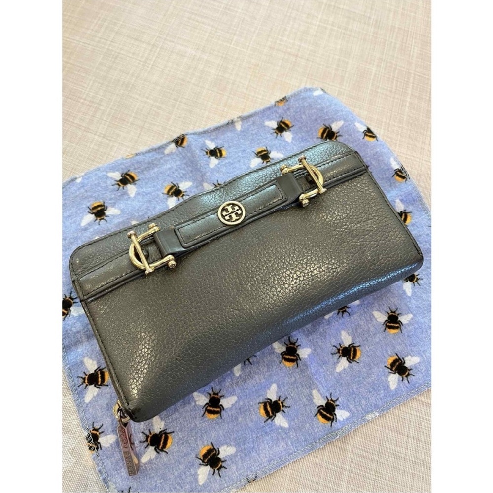 Tory Burch Black Pebbled Leather Zip Clutch with Gold Hardware